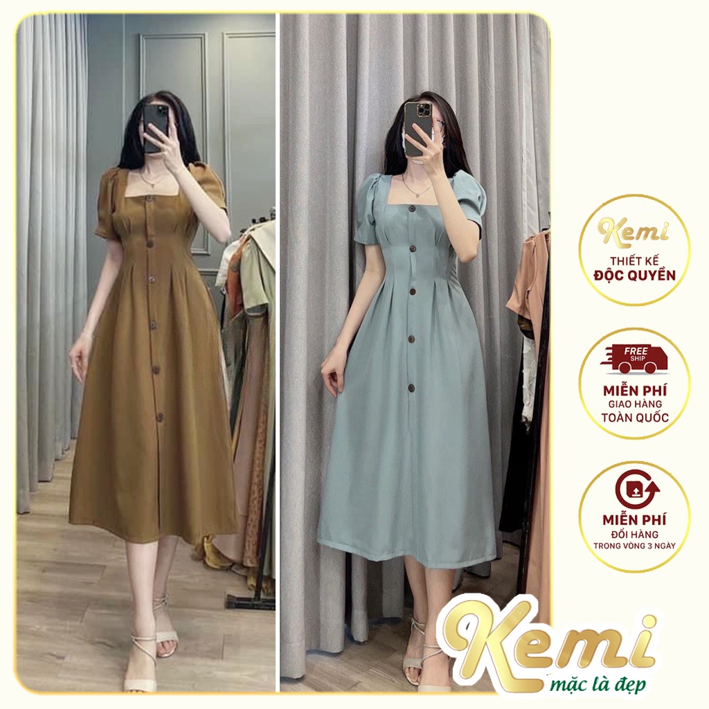Váy maxi cao cấp cổ vuông tay bồng dáng xòe nhẹ nhấn nhá hàng cúc
