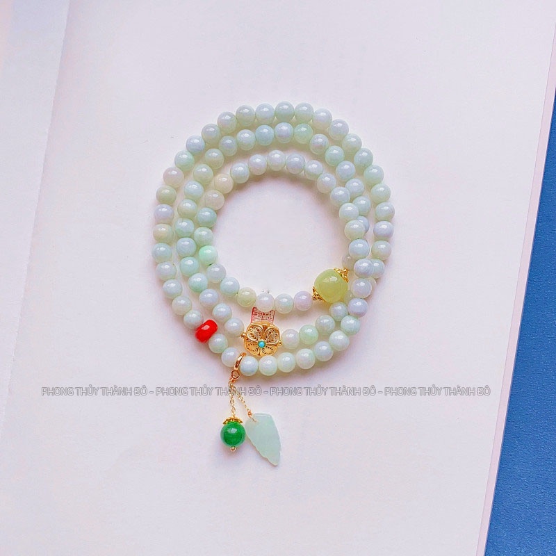 Chuỗi Vòng JADElT 6mm Cuốn 3 Vòng Tay, Charm Hổ Phách, Hòa Điền, Lông Công Malachite - Phong Thủy Thành Đô