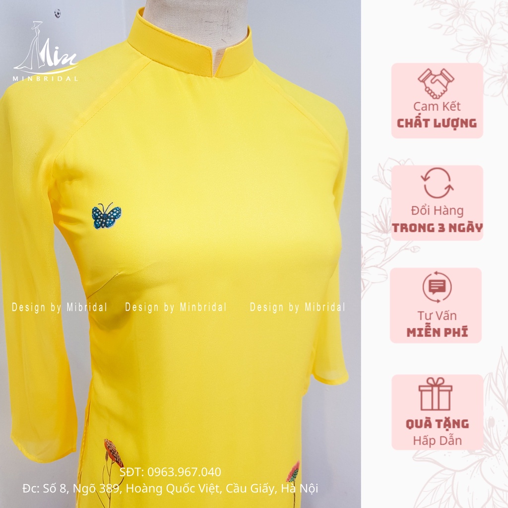 Ao Dài cách tân dáng xuông 4 tà chất liệu voan tơ óng in hoa văn màu vàng | BigBuy360 - bigbuy360.vn