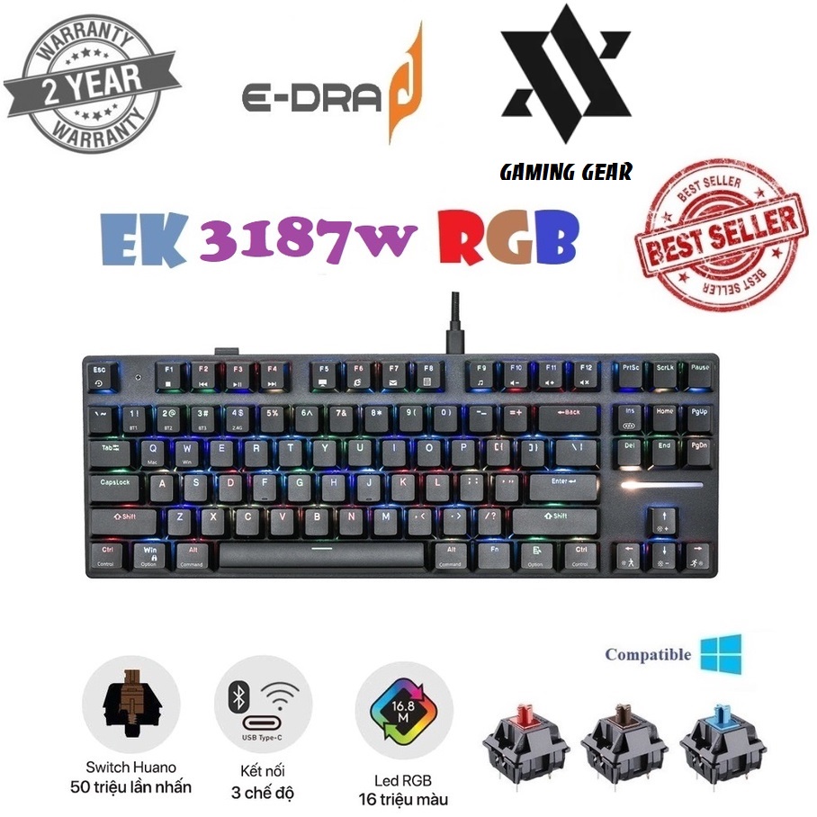 Bàn phím cơ không dây E-Dra EK3187W HUANO ( Brown / Red / Blue ) Bluetooth, 2.4, type-C. Hàng chính hãng