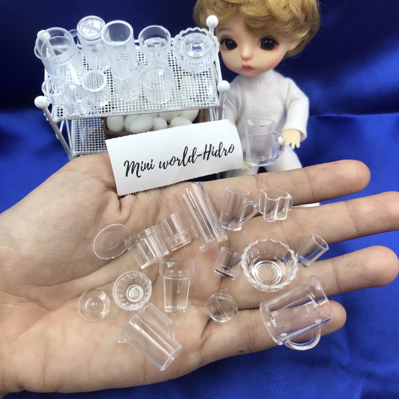 Bộ ca tách chén ly tô mini nhựa trong suốt dùng cho búp bê Barbie, BJD tỉ lệ 1/8, 1/12 tí hon. Miniature. Dollhouse