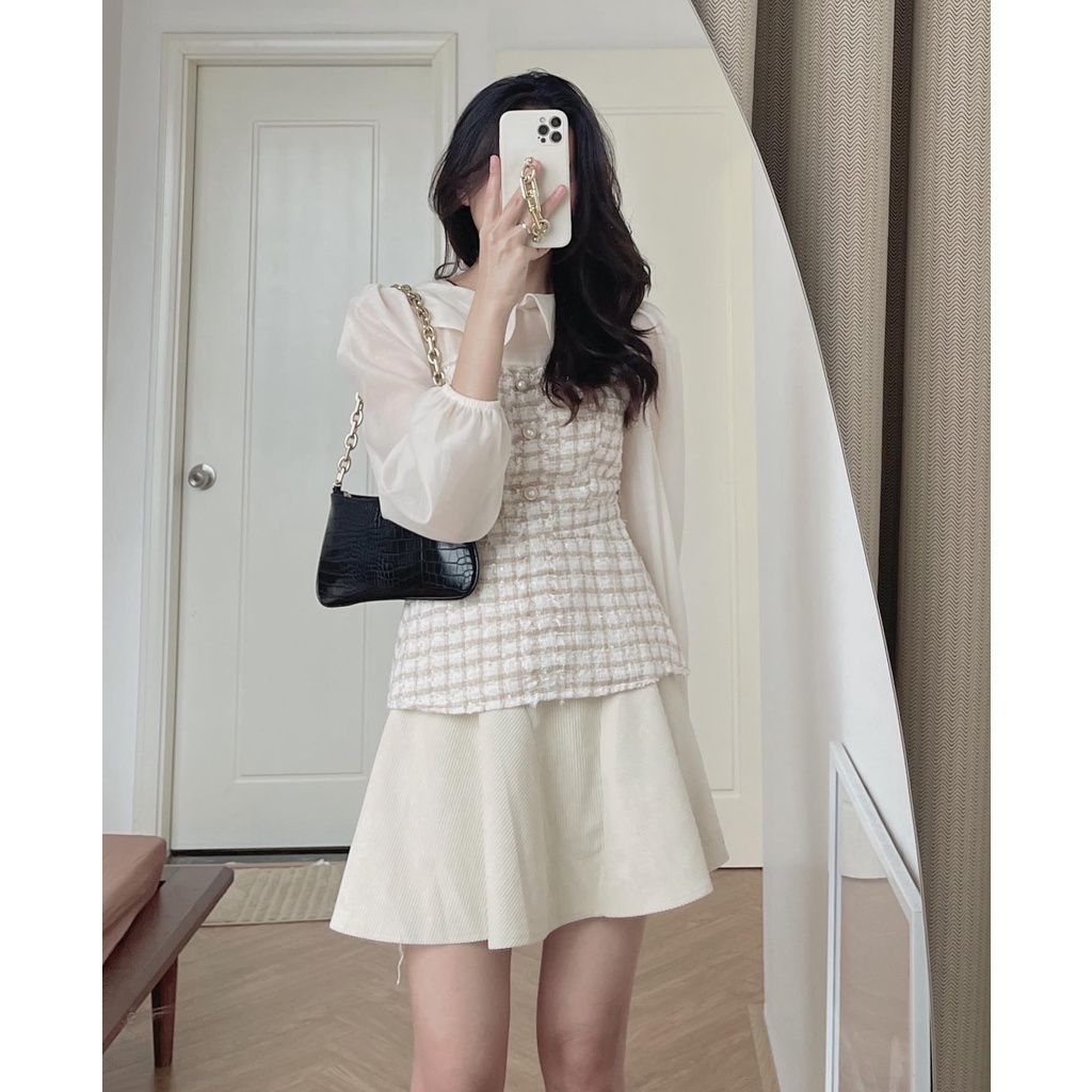 (ảnh thật) Audrey Áo dạ tweed phối voan cổ sen