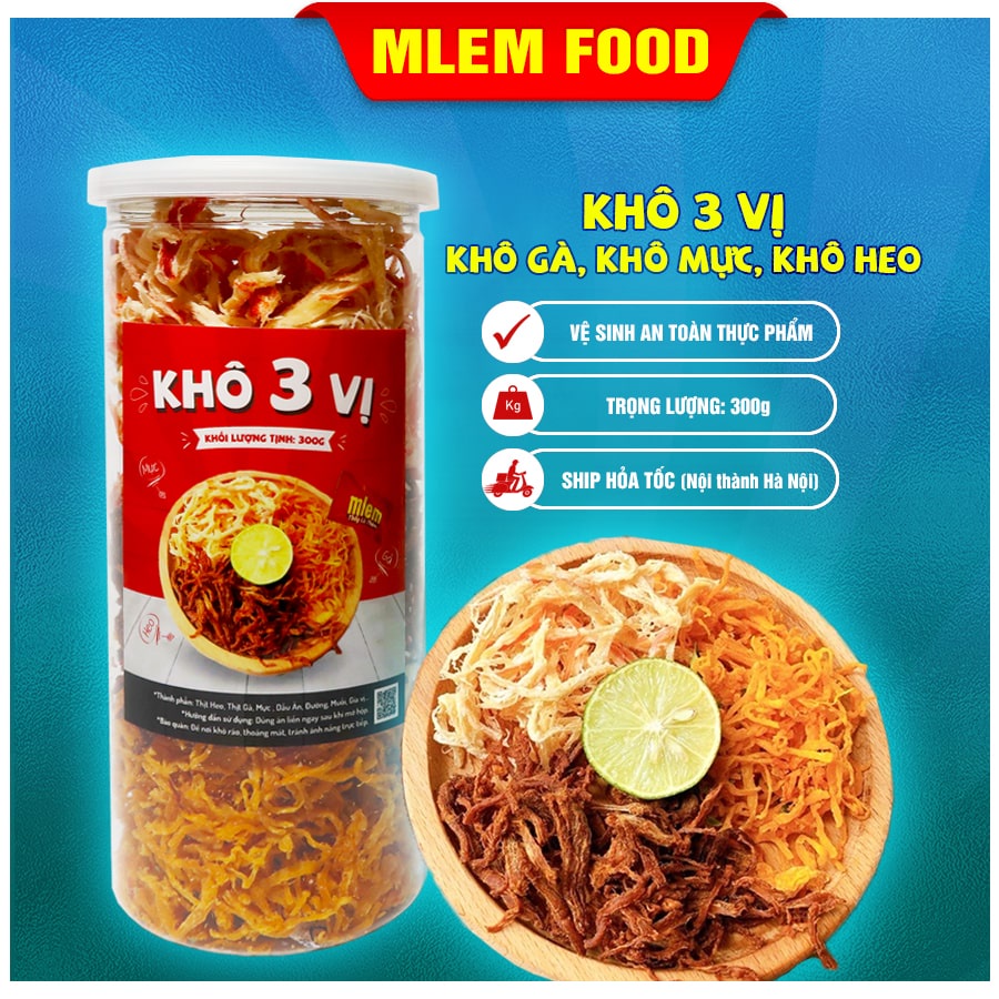 Khô mix 3 vị gà heo mực xé sợi 300gr Mlem Food - Đồ ăn vặt Hà Nội