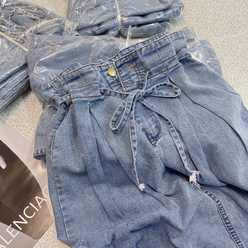 Chân váy bò jean xoè cạp chun cao thắt nơ siêu xinh mh ql ln