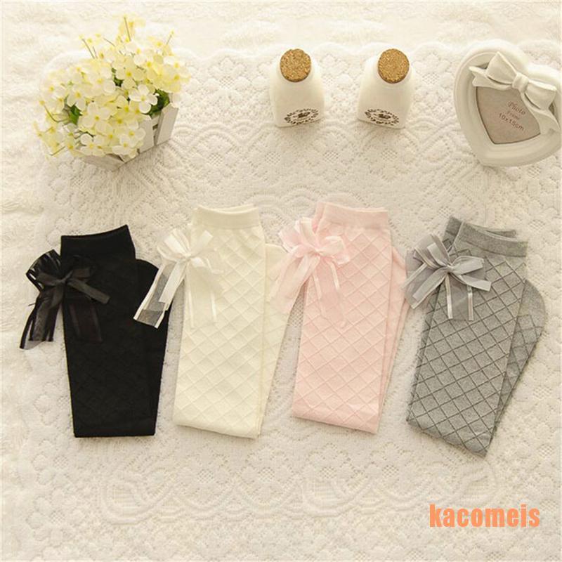 Vớ Cotton Cao Đến Đầu Gối Kẻ Ô Lưới Đính Nơ Cổ Điển Dành Cho Bé Gái Sinh Viên Đi Học