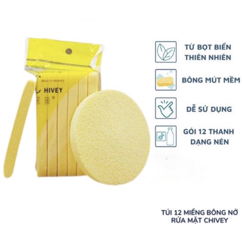 [Túi 12 miếng] Bông nở rửa mặt tẩy trang Chivay