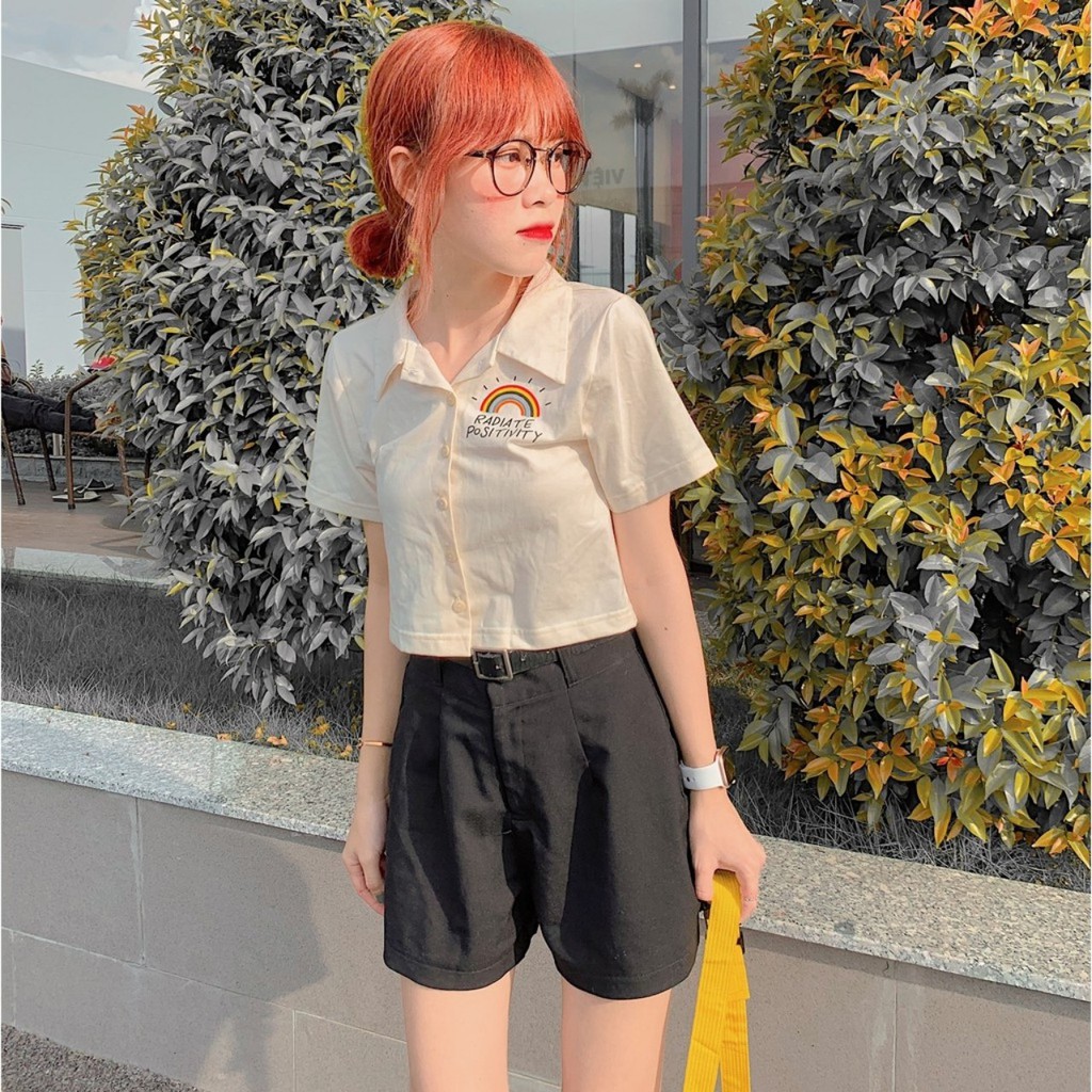 Áo Croptop Nữ Tay Ngắn RAINBOW Phối Nút Ulzzang (Ảnh Thật)