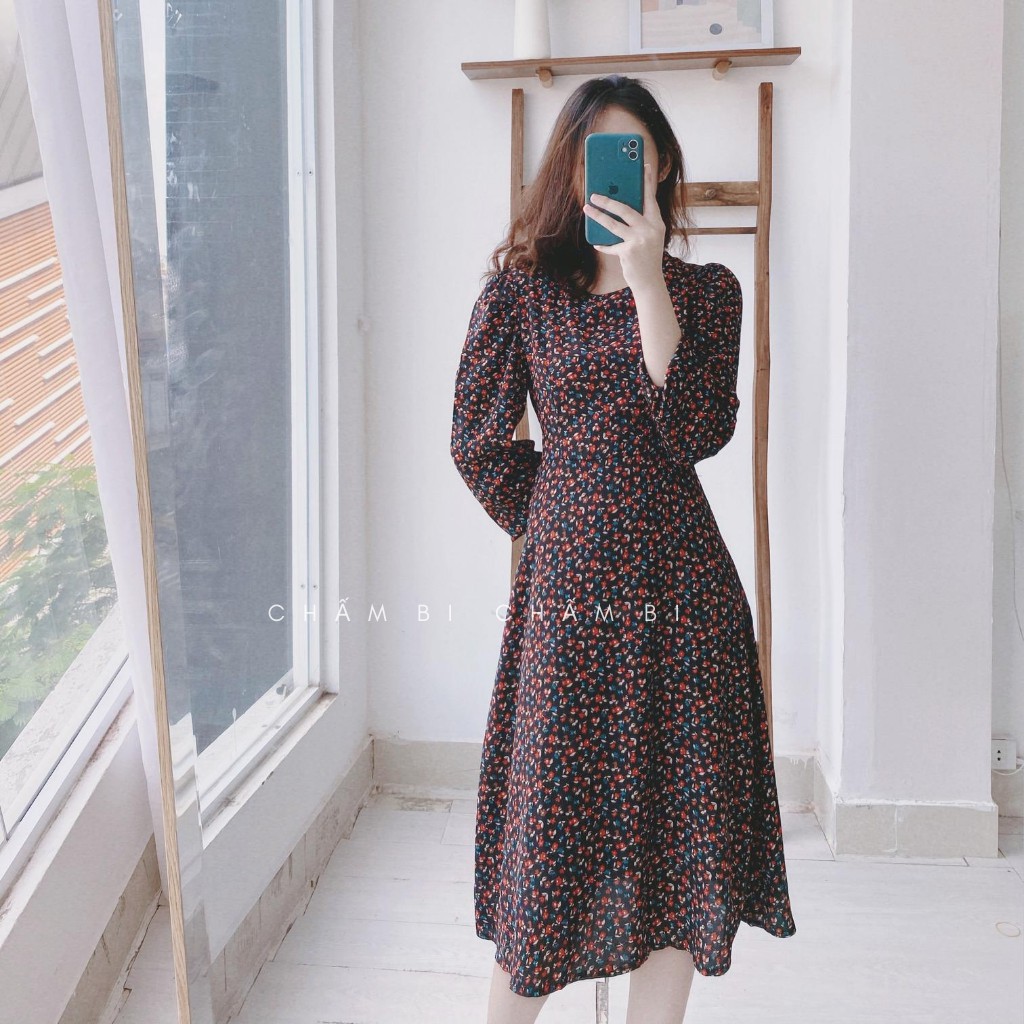 Đầm Hoa Nhí Dài Tay Cổ Tròn 3 màu Trắng, Hồng, Đỏ đen - V.033 | BigBuy360 - bigbuy360.vn