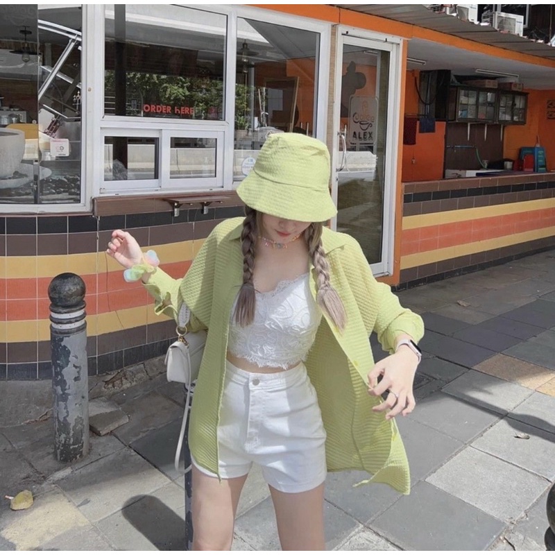 ÁO SƠMI KÈM MŨ Vải kẻ ô siêu xinh mặc thường hay khoác ngoài hàng nhập quảng châu style ullzang hàn quốc
