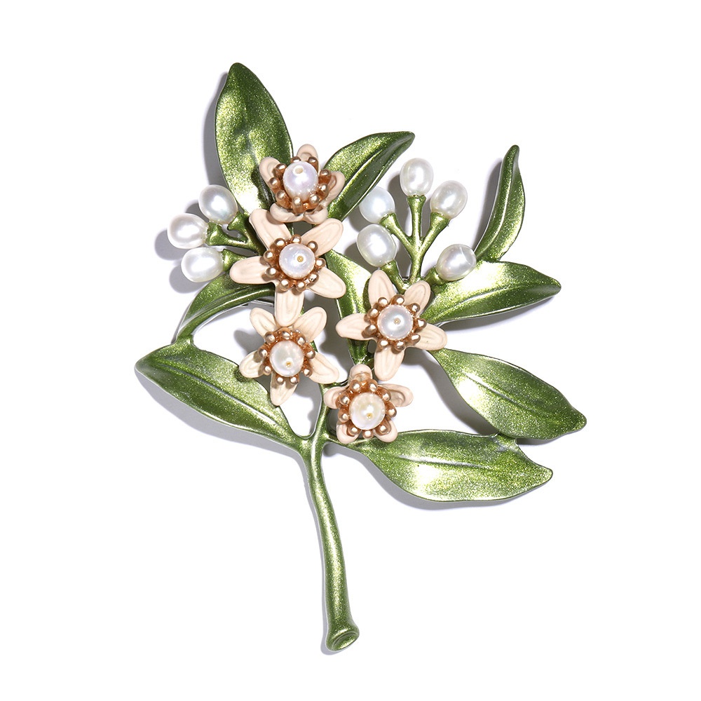 Ghim cài áo hình nhành lá và hoa dành dành đính ngọc trai phong cách cổ điển thanh lịch dành cho nữ