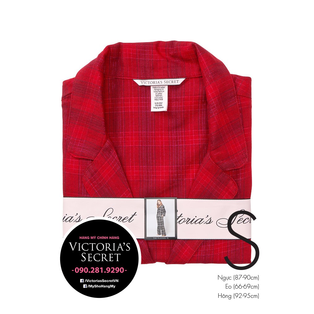 (Sleep S) - Bộ đồ ngủ dài, caro đỏ (18), viền lấp lánh, Shimmer Flannel Long, Red Plaid, dài 31 inch - Victoria's Secret