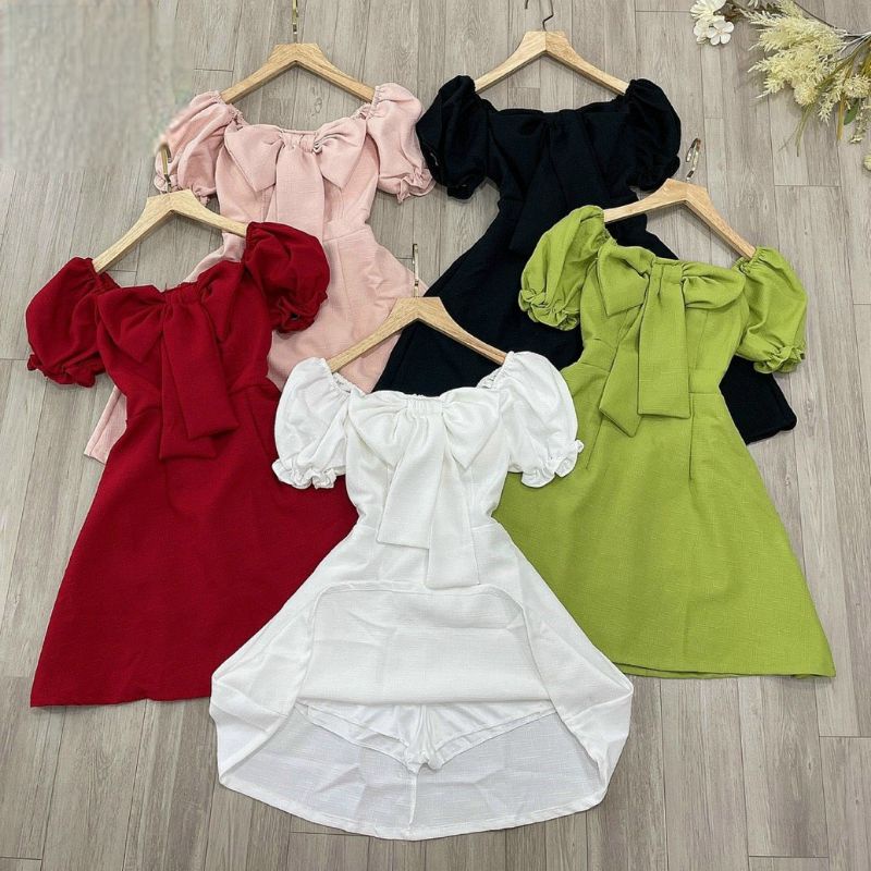 Đầm cổ vuông tay phồng nơ ngực mã 2107