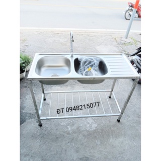 CHẬU RỬA CHÉN 2 HỘC CÓ CHÂN INOX CAO CẤP KT 105X45X78 (DxRxC)