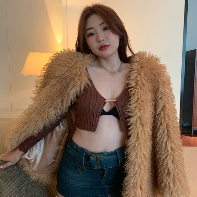 Áo Phông Áo Cardigan Dệt Kim Tay Dài Cổ Chữ V Khoét Sâu Màu Sắc Quyến Rũ Phong Cách Hàn Quốc Cho Nữ