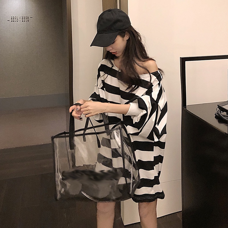 Áo len tay dài trễ vai họa tiết kẻ sọc ngang thời trang năng động dành cho nữ