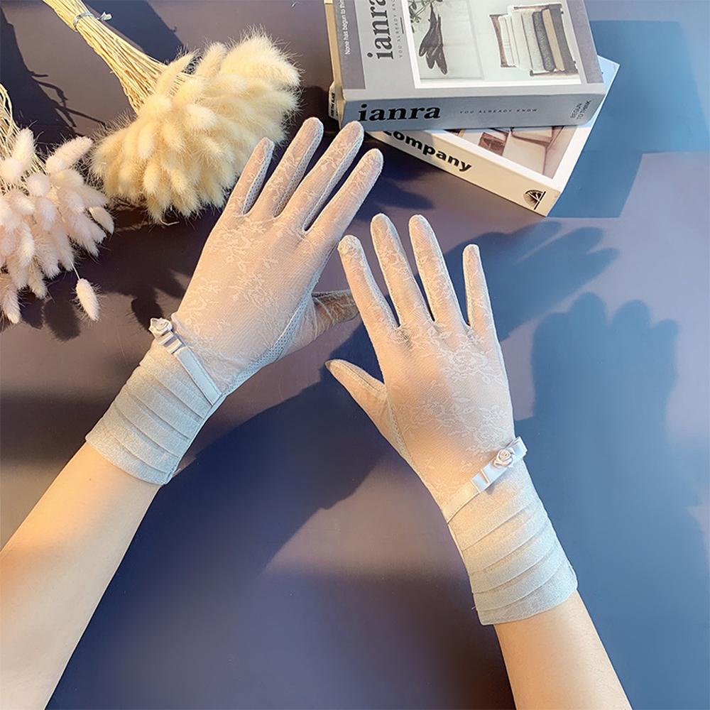Găng Tay Lái Xe Bằng Lụa Lạnh Mỏng Thoáng Khí Chống Nắng Tia UV Đính Nơ Hoa