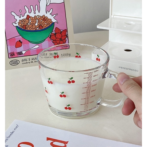 Cốc thuỷ tinh cherry CTT5 ly chia vạch cute dễ thương decor vintage 350ml