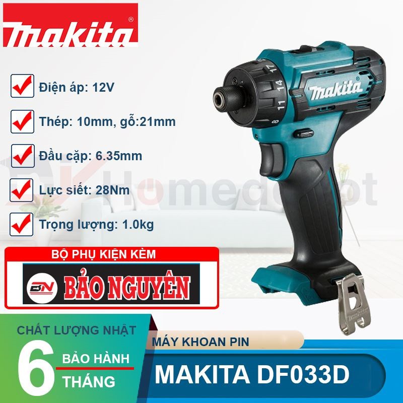 BN. Thân máy khoan bắt vít có cấp trượt, dùng pin 12V Makita DF033D và DF031.