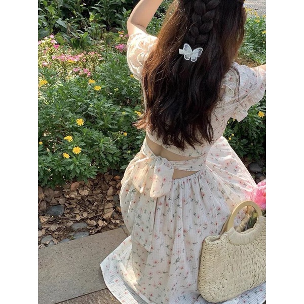 Đầm Midi Hoa Cut Out Lưng Váy Hoa Dáng Dài Nhíu Ngực Nơ Lưng Tay Bo Chun Nền Hoa Nhí Ngọt Ngào Cực Xinh Chất Mát Mịn