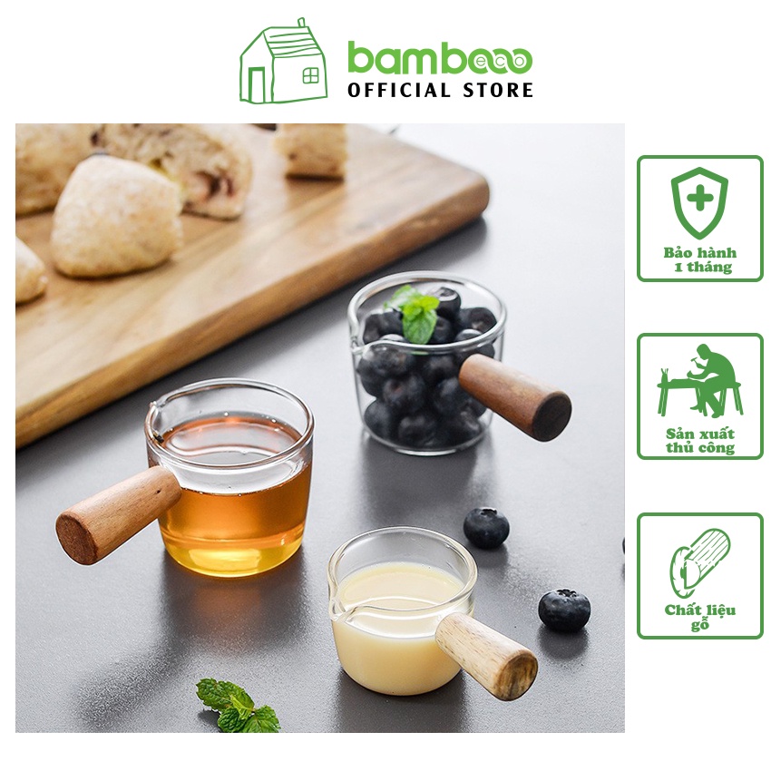 Cốc rót xốt thủy tinh tay cầm bằng gỗ BAMBOOO ECO trang trí decor bàn ăn