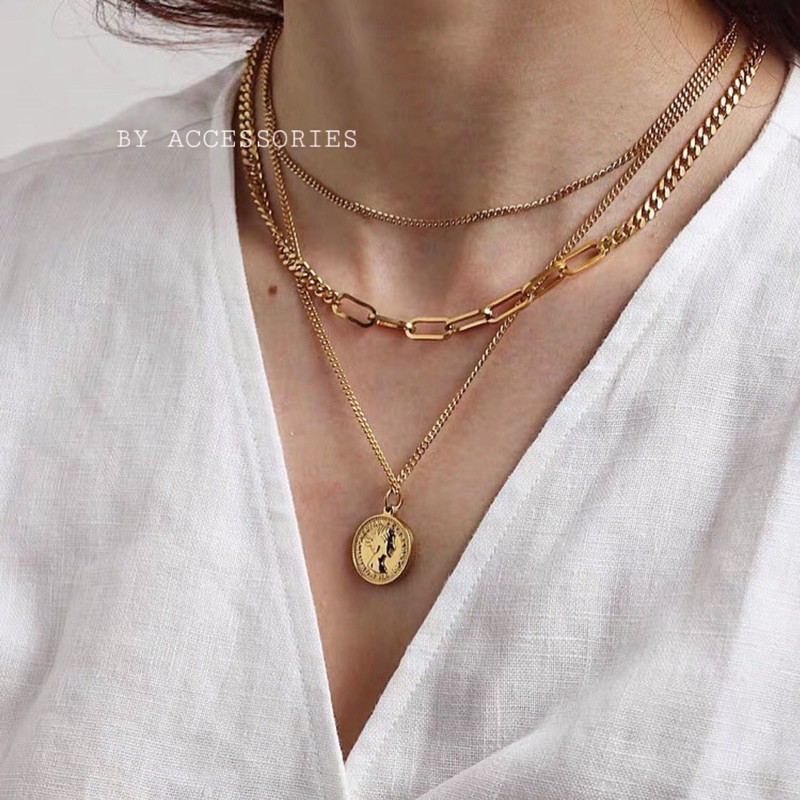 Dây chuyền titan đồng xu vintage 3 tầng không gỉ