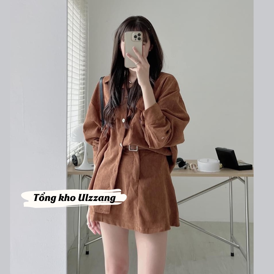 Set áo khoác sơ mi nhung tăm dài tay mix chân váy chữ A trẻ trung