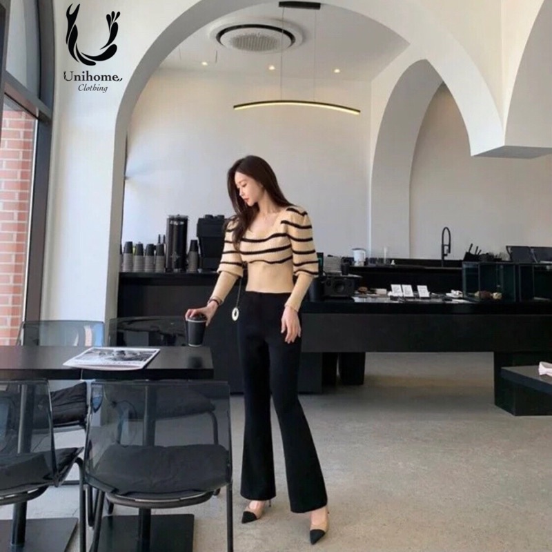 Quần Ống Loe Nữ Cạp Lưng Cao 2 Túi Chất Vải Thun Umi Cao Cấp Co Giãn 4 Chiều Siêu Tôn Dáng Che Khuyết Điểm