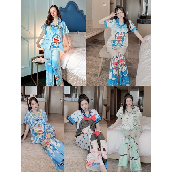 Đồ bộ nữ, đồ mặc nhà nữ thiết kế hoạ tiết doraemon tay ngắn chất lụa xước ánh kim cao cấp