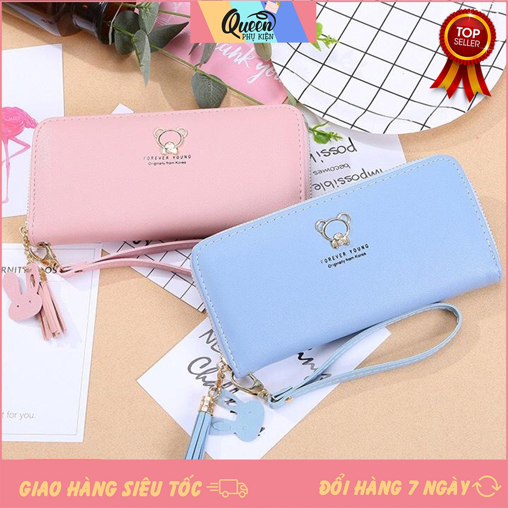 Ví Dài Nữ Đựng Thẻ FOREVER YOUNG Đính Gắn Chú Gấu Dễ Thương