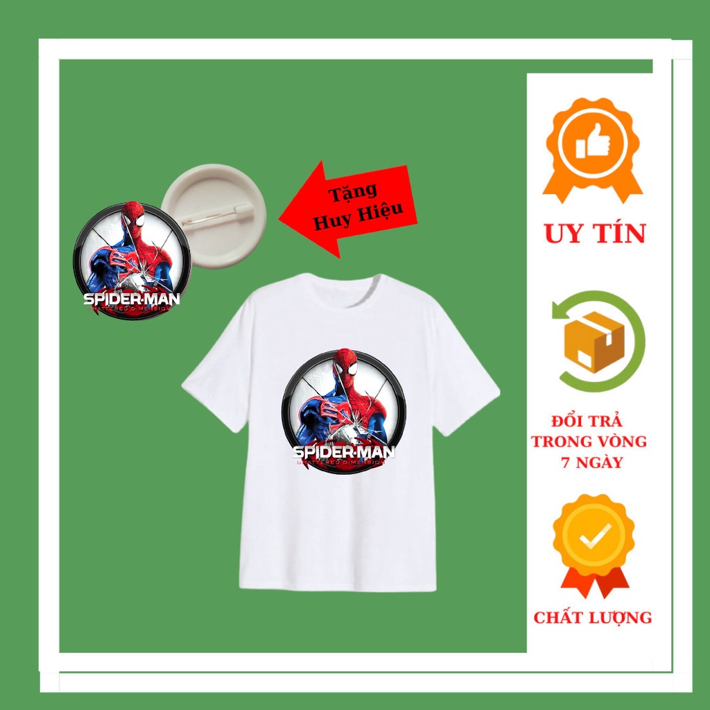 Áo thun siêu nhân người nhện Spiderman trẻ em cổ tròn, tay ngắn, đủ size áo, kèm huy hiệu siêu nhân
