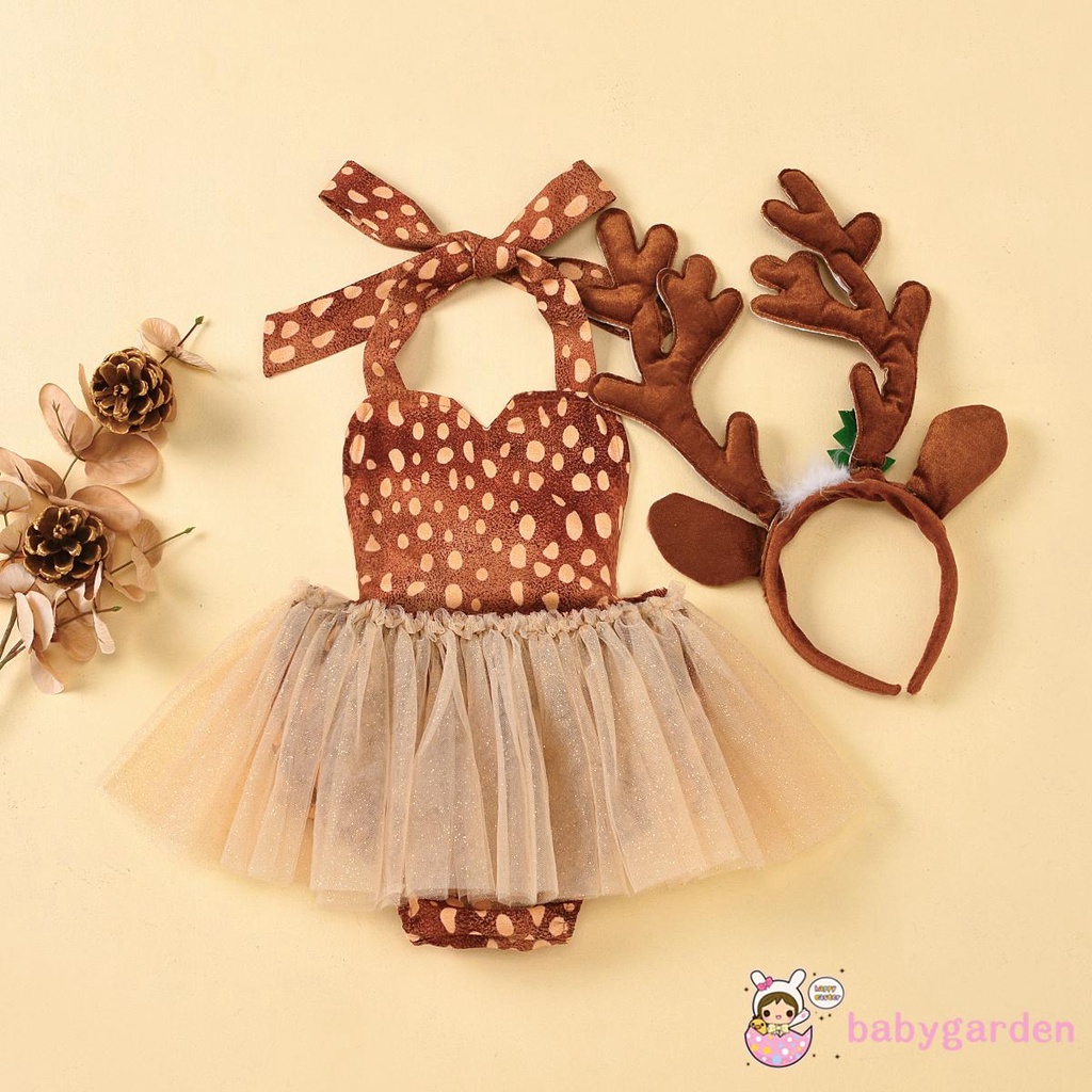 Set áo liền quần + băng đô hình gạc hươu hóa trang cho bé gái