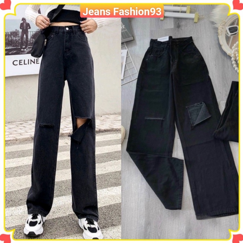 Quần jean nữ ống rộng cạp cao rách kiểu chất bò mềm không dãn