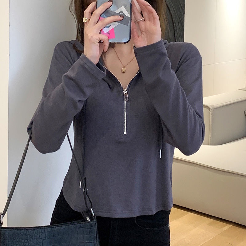 DUNEA Áo hoodie dài tay phối khóa kéo thời trang dành cho nữ