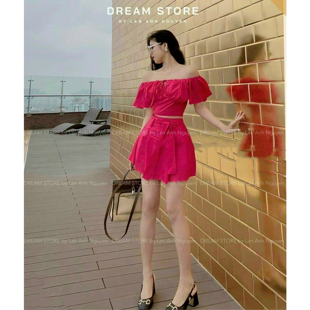(FreeShip 2022) Sét váy nữ thiết kế áo trễ vai from croptop mix chân váy xếp li,chất đũi mềm có mút,tone màu tôn da