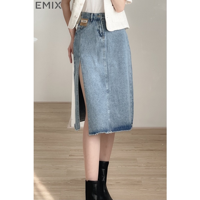 Chân váy jean xẻ chân EMIX, chân váy midi dáng dài, 1 lớp, cạp cao, dài 78cm, chất jean đứng dáng, xẻ chân cuốn hút CvJe