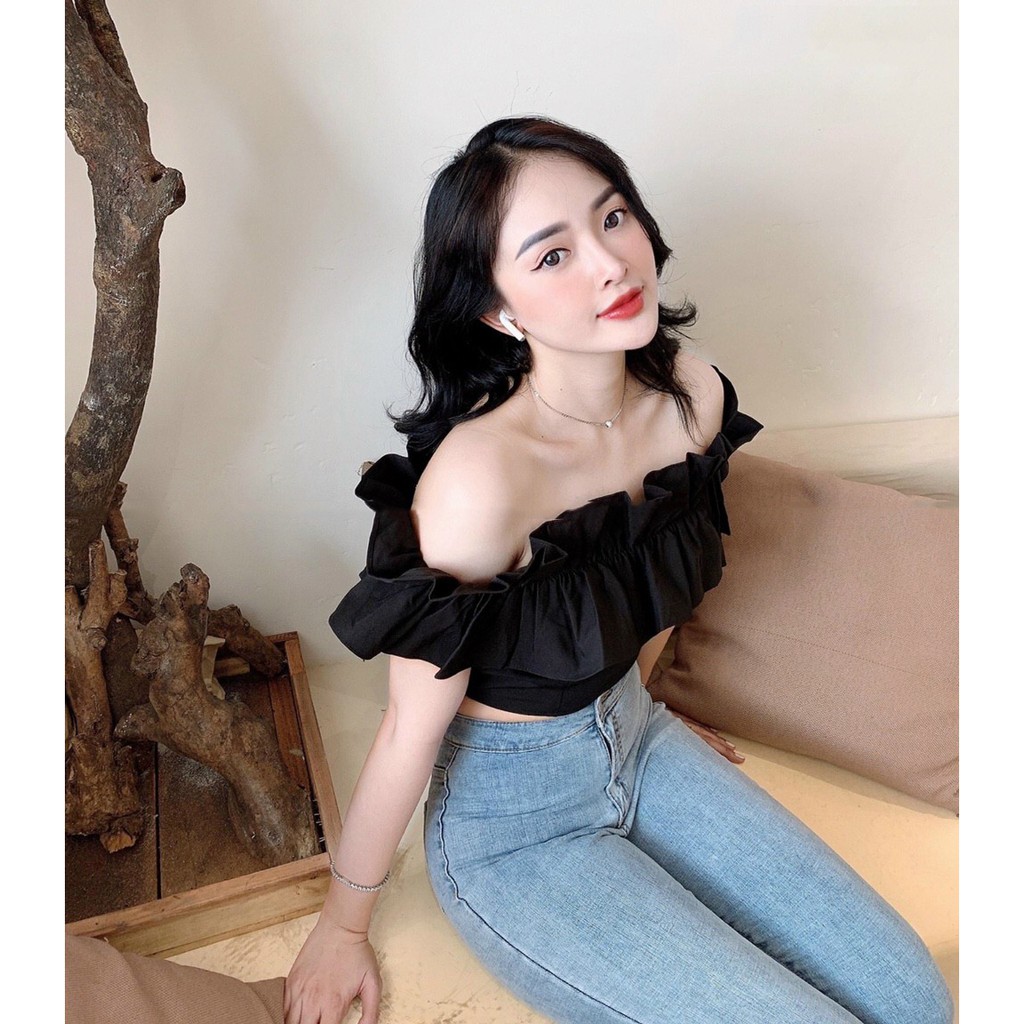 [FREESHIP] Áo Trễ Vai Nữ Áo voan rớt vai bánh bèo 2 màu trắng và đen BG144214