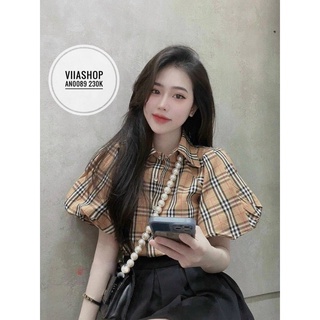 Áo sơ mi caro tay bồng bí cực xinh , chất kate mềm mịn mát mk