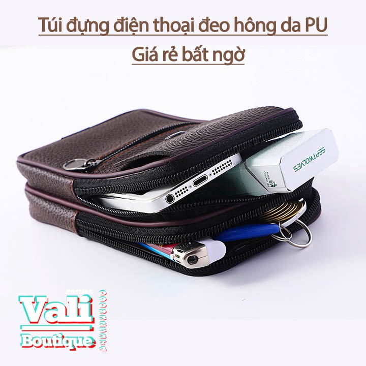 Túi đựng điện thoại da PU đeo ngang hông kiểu dọc T1 dạng to 4 ngăn - Túi đeo thắt lưng giả da PU kiểu dọc - đen, nâu.