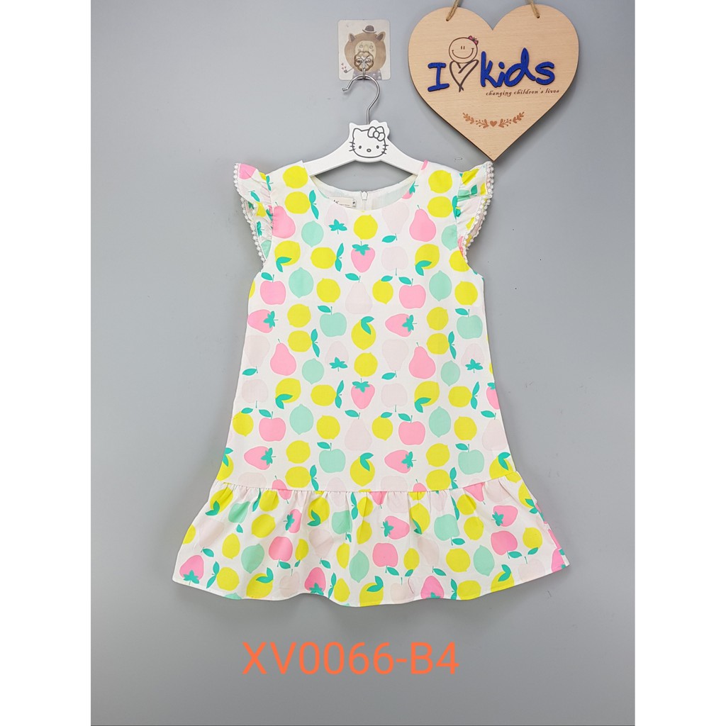 XV0066-B1 - Váy bé gái , thô , tay hến , in hoa lá , màu xanh coban , size nhỡ 8t-12t.