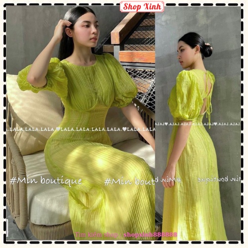Váy Đầm cúp ngực sọc nhăn hở lưng tay bồng chun eo có khóa lưng 2 lớp màu xanh bơ (cốm)