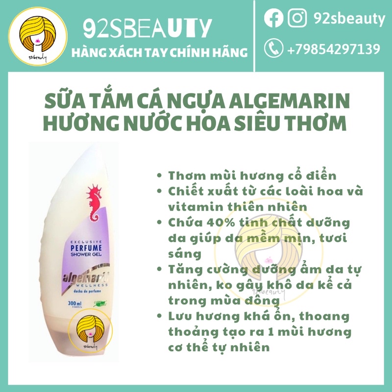 Sữa tắm cá ngựa Algemarin hương nước hoa siêu thơm, không gây khô da, dưỡng da mềm mịn