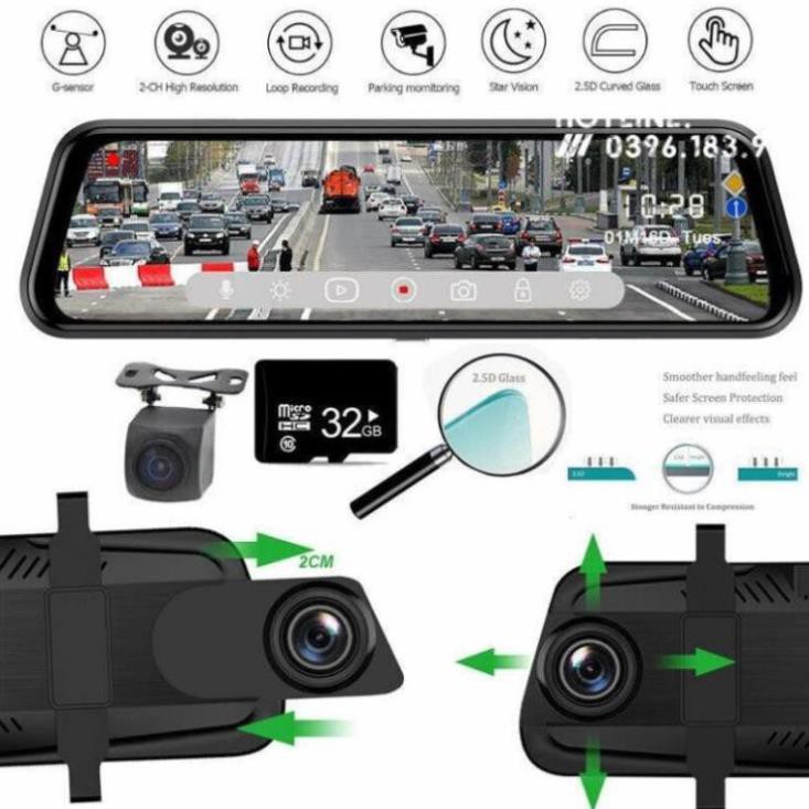 [Giảm giá]  CAMERA HÀNH TRÌNH GƯƠNG 10 INC ANYTEK T12 SIÊU NÉT FULLHD/GPS/ADAS KÈM CAMERA LÙI l