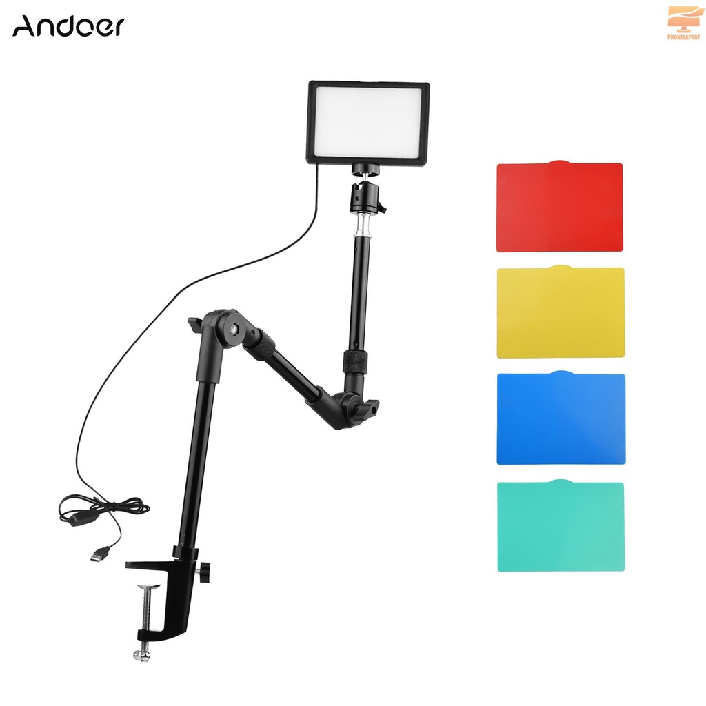 Lapt Andoer USB Video Conference Lighting Kit Including 1 * LED Video Light 3200K-5600K Dimmable + 1 * Foldable Desk Mount Light Stand + 1 * Flexible Ballhead   Adapter + 5 * Color Filters(Red/Yellow/Blue/Green/White) for Live Streaming Video Recording On
