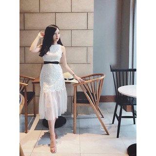 Đầm dự tiệc ren đuôi cá thắt nơ eo
