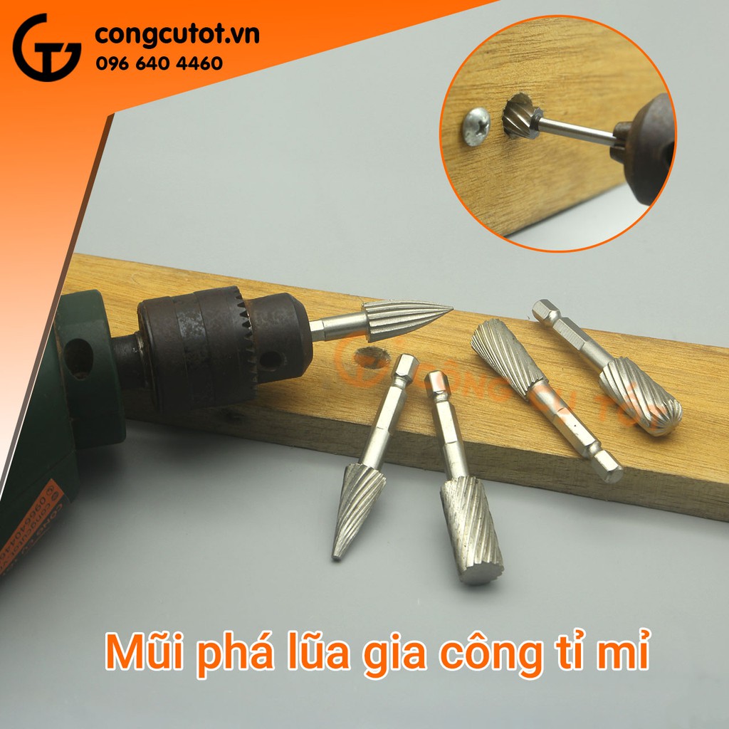 Bộ 5 mũi mài, khắc, mũi phá lũa gỗ chuôi lục cao cấp
