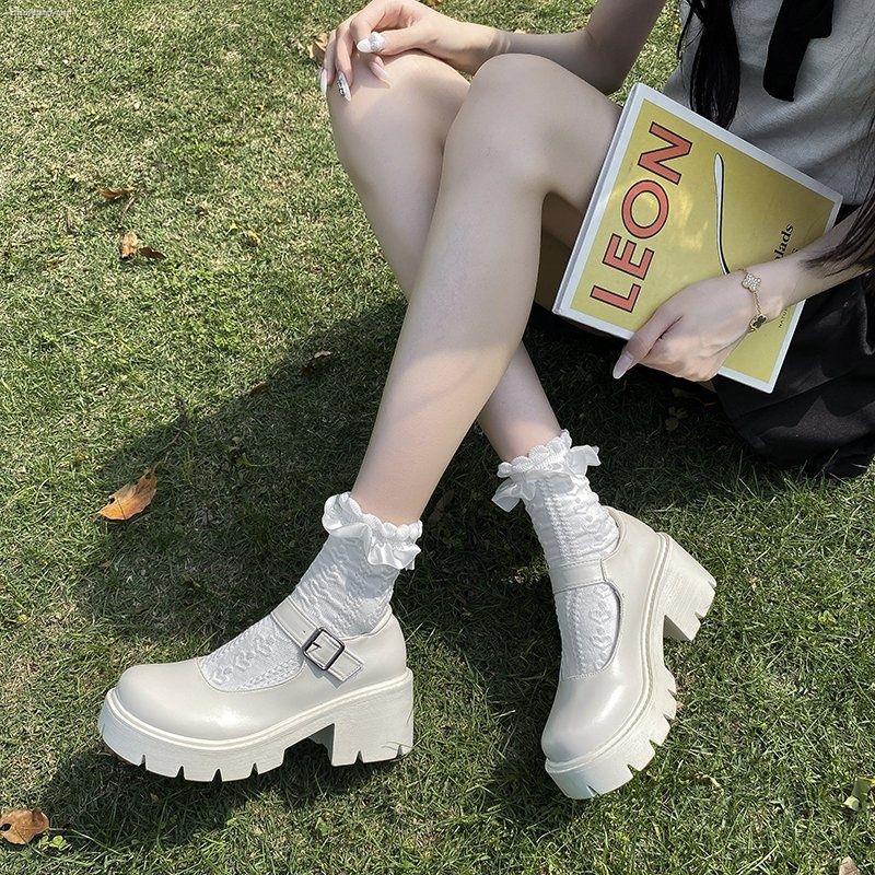 Giày cao gót đế dày bằng da phong cách retro Nhật Bản dành cho nữ