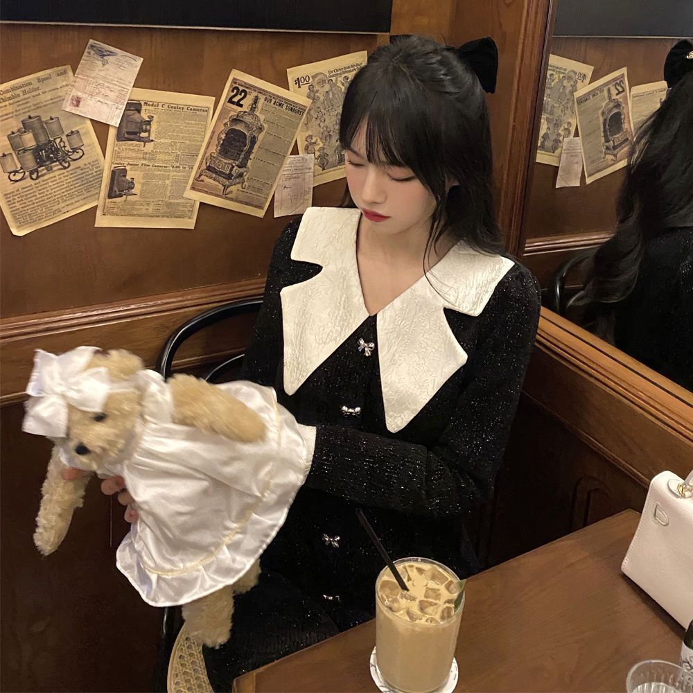 Váy babydoll đầm babydoll One Đầm Nhung Cổ Búp Bê Dáng Chữ A Màu Đen Thời Trang Mùa Đông Dành Cho Nữ