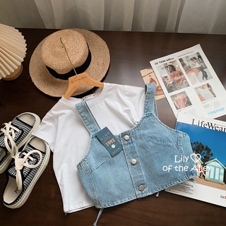 Set áo phông croptop yếm jean đan dây