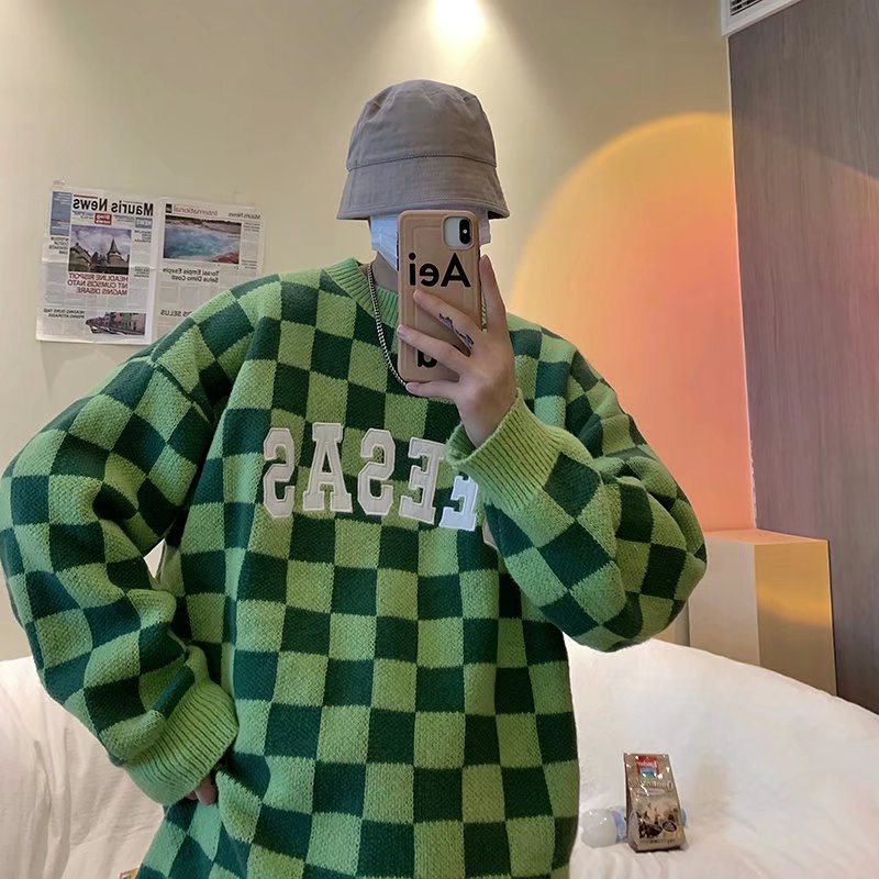 Áo sweater dệt kim cổ tròn tay dài dáng rộng in chữ thời trang thu đông cho nam size M-2XL