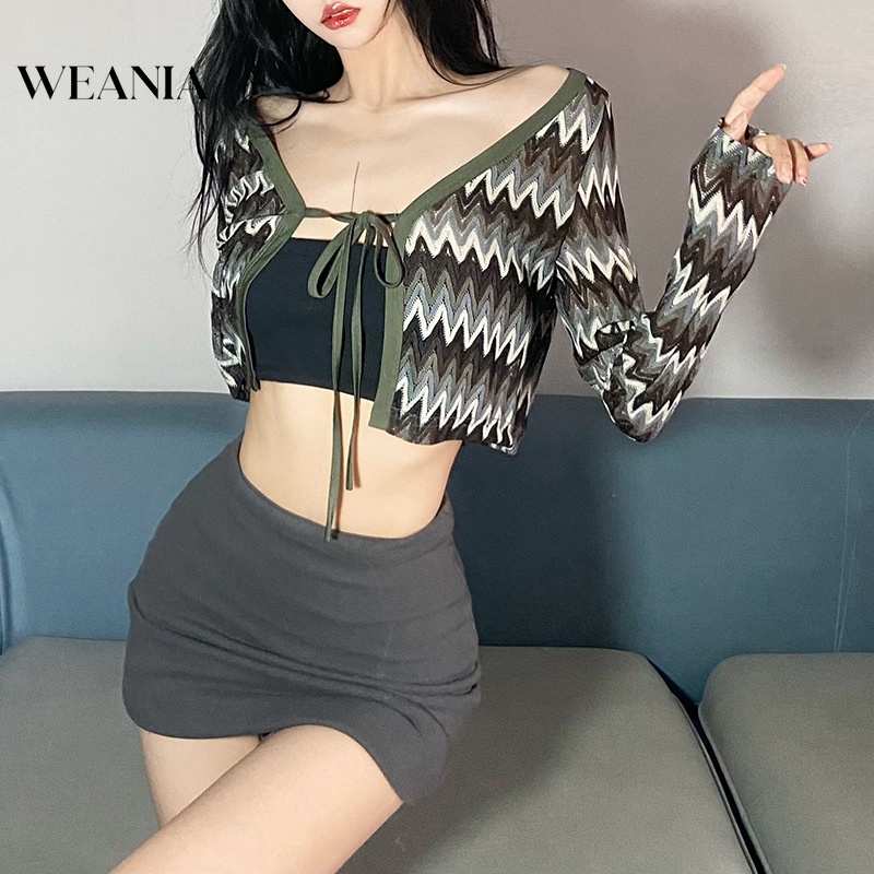 Áo Thun Dệt Kim Tay Dài Kẻ Sọc Cột Dây Thời Trang Cho Nữ